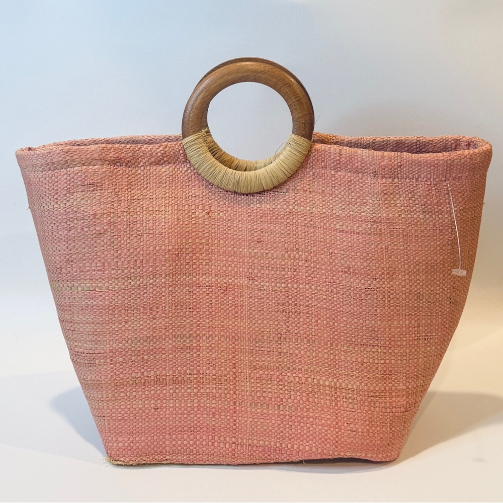 Pink Woven Tote Bag with Wooden Handle